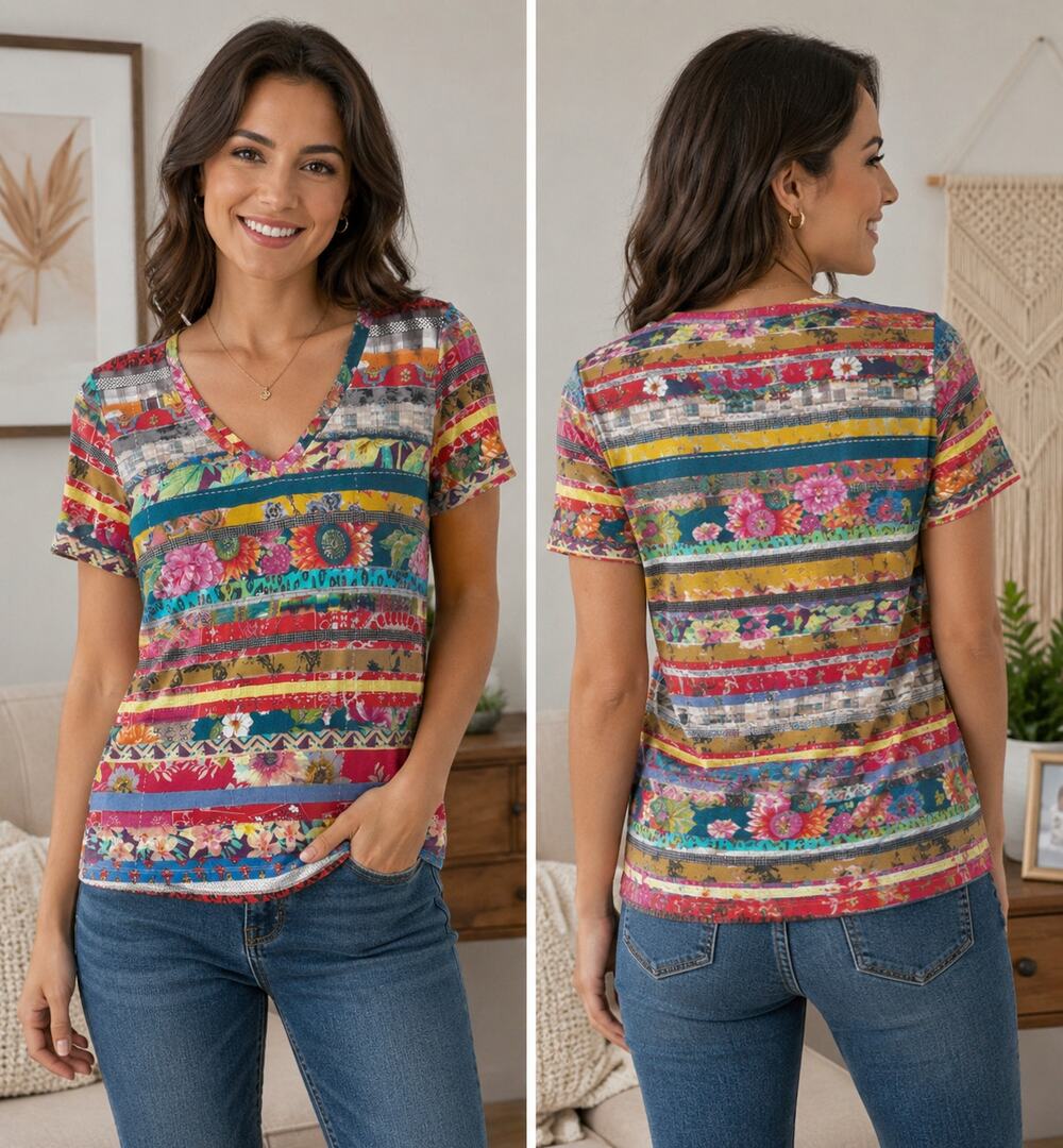 Johnny Was Short Sleeve V-Neck Vibrant Print Bamboo Tee Size Small